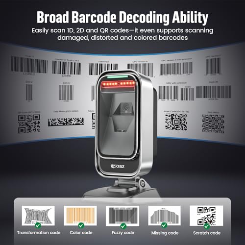 OBZ Barcode Scanner Desktop Hands-Free 1D 2D Omnidirectional QR Reader | Automatic,Adjustable Body,1.8M USB Cable,plug-play,PDF417 Data Matrix Image Sensing for Warehouse,Supermarket,Library,PC,POS - style: CMOS Desktop USB Wired Scanner