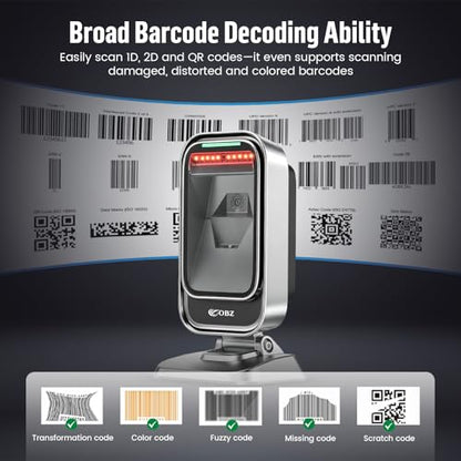 OBZ Barcode Scanner Desktop Hands-Free 1D 2D Omnidirectional QR Reader | Automatic,Adjustable Body,1.8M USB Cable,plug-play,PDF417 Data Matrix Image Sensing for Warehouse,Supermarket,Library,PC,POS - style: CMOS Desktop USB Wired Scanner