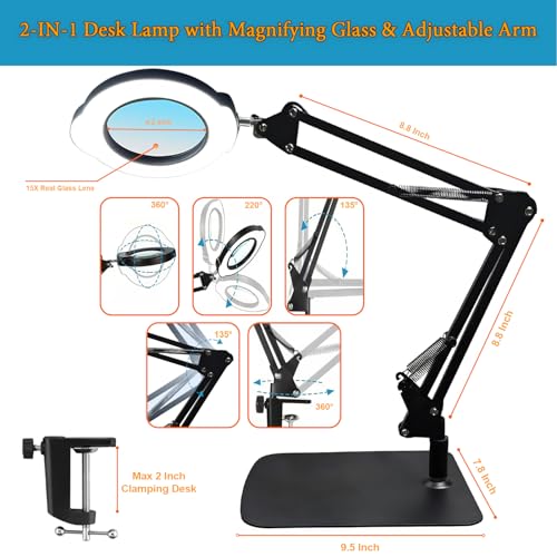15X Magnifying Glass Desk Lamp with Metal Base, 5 Color Modes 10 Levels Adjustable Brightness, 360° Rotatable Flexible Aluminum Arms – Ideal for Reading, Crafting, Close Work, Eye-Caring Table Lamp