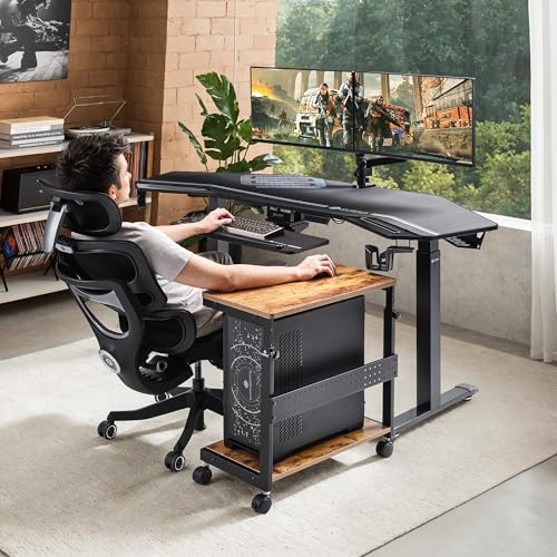EUREKA ERGONOMIC PC Stand Computer Cart, Height Adjustable Tower Stand 2-Tier Suit for ATX Case Printer, Metal Rolling Cart on Wheels for Gaming Home Office, Antique Wood - color: Antique Wood