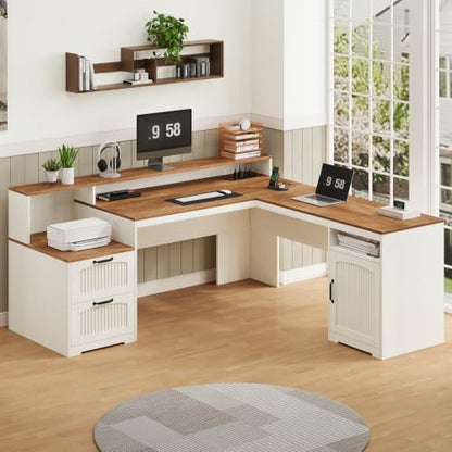 Farmhouse L Shaped Desk with Drawers & Printer Shelf for Home Office - color: Brown and White