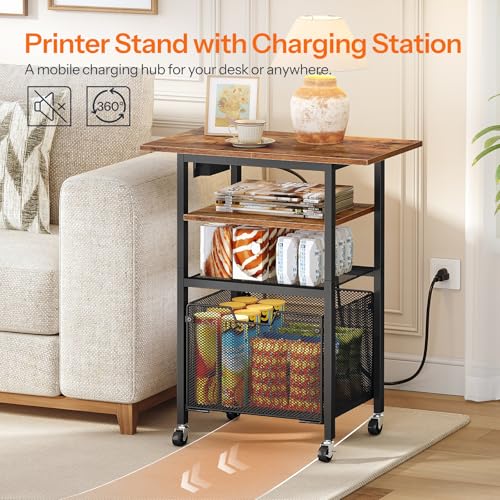 HOOBRO Printer Stand with Hanging File Drawer, Rolling Printer Cart on Wheels, Mobile Filing Cabinet Storage Shelf, Home Office Desk Side Organizer, Rustic Brown and Black BF17UPS01 - color: Rustic Brown + Black