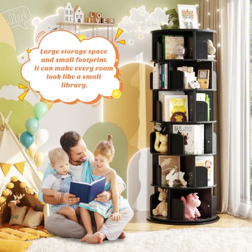Aheaplus 5 Tier Wood Rotating Bookshelf, 360° Spinning Book Shelf Tower - color: Black, size: 6-Tier