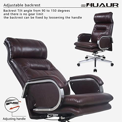 Genuine Leather Modern Executive Chair High-Back Support 90 to 150 Degrees Tilt and Upholstered Home Desk Chair with Base 360LB Capacity Swivel Computer Office Chair (Brown) - color: Brown