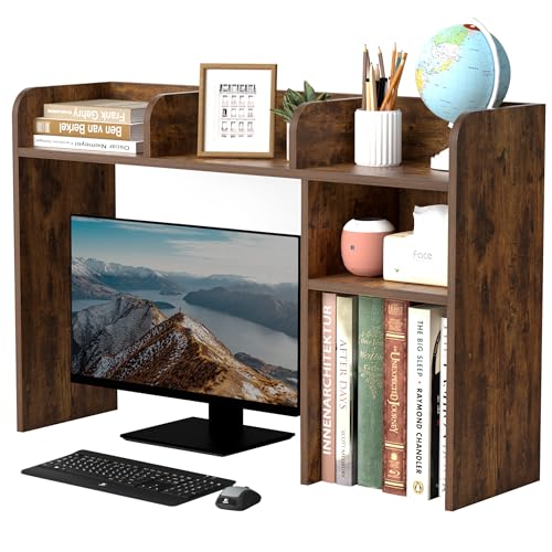 LAND·VOI Desktop Bookshelf, Countertop Storage Hutch with 5 Shelves for Computer Desk, Desk Organizer for Home Office Dorm, Dressing Tabletop, Bar Countertop, Rustic Brown EDS01R - color: Rustic Brown