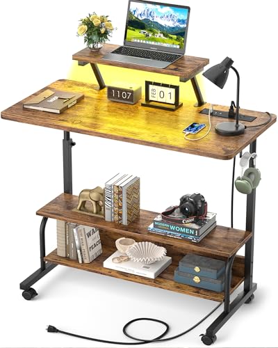 Height Adjustable Standing Desk with Power Outlets and LED Lights - 32" Manual Stand Up Desk with Monitor Stand and Storage Shelves Small Mobile Rolling Computer Desk Portable Laptop Table, Rustic - color: Rustic Brown, size: 32''