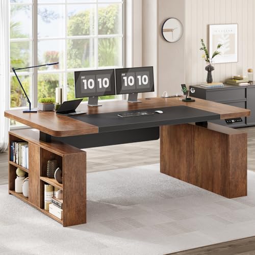 SEDETA 63" Executive Standing Desk with Storage, Executive Height Adjustable Desk with Power Outlets, Large Computer Office Desk with Privacy Panel for Home Office, Warm Golden Brown - color: Warm Golden Brown