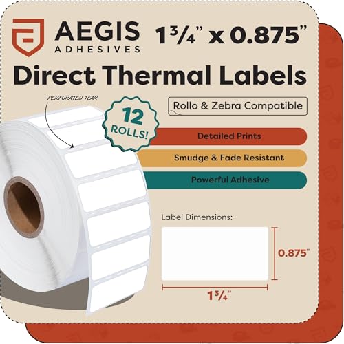 Aegis Adhesives - 1.75" X 0.875" Direct Thermal Labels (18000 Count, 12 Rolls) - Barcode Stickers, File Folder Labels, Shelf Edge Identification - Compatible with Zebra and Rollo Printers - size: 1.75" X 0.875"