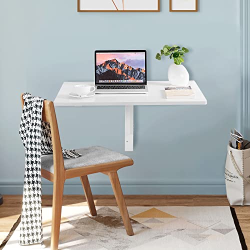 COSTWAY Wall Mounted Folding Table, 31.5" x 23.5" Drop-Leaf Floating Writing Desk for Small Spaces, Space-Saving Fold Down Laptop Workstation for Kitchen, Bedroom, Laundry Room, Study Room (White) - color: White
