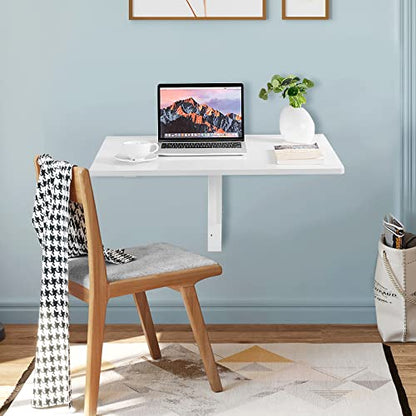 COSTWAY Wall Mounted Folding Table, 31.5" x 23.5" Drop-Leaf Floating Writing Desk for Small Spaces, Space-Saving Fold Down Laptop Workstation for Kitchen, Bedroom, Laundry Room, Study Room (White) - color: White