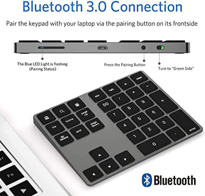 JOYEKY Wireless Number Pad Bluetooth Numeric Keypad for Laptop | Number Pad for Laptop,USB-C Rechargeable,34-Keys Bluetooth Numeric Keypad - size: L325