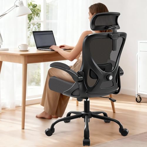 Office Chair - Ergonomic Desk Chair Breathable Mesh Chair with 2D Headrest & Adjustable Lumbar Support - Executive High Back Rolling Swivel Computer Gaming Chair with Wheels Flip-up Armrests - color: Dark Gray/Black