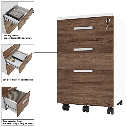 Modern Designs Lazio File Cabinet, Filing Cabinets for Home Office, Drawers for Under Desk, Locking 3 Drawer Rolling Filing Cabinet with Lock, Walnut and White, by Crafts and Comfort - color: Walnut / White