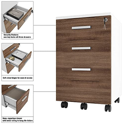 Modern Designs Lazio File Cabinet, Filing Cabinets for Home Office, Drawers for Under Desk, Locking 3 Drawer Rolling Filing Cabinet with Lock, Walnut and White, by Crafts and Comfort - color: Walnut / White