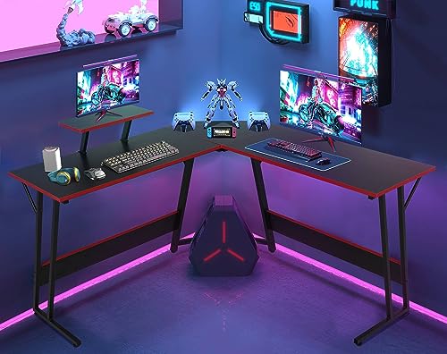 Gaming Desk L Shaped Desk, 50.4” Large Computer Desk with Shelves & Carbon Fiber Desktop, Wood Computer Table Writing Work PC Desk for Bedroom Office Dorm Small Space, Black - color: Black