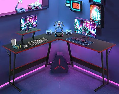 Gaming Desk L Shaped Desk, 50.4” Large Computer Desk with Shelves & Carbon Fiber Desktop, Wood Computer Table Writing Work PC Desk for Bedroom Office Dorm Small Space, Black - color: Black