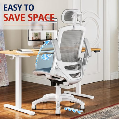 GABRYLLY Ergonomic Office Chair, High Back Home Desk Chair with Headrest, Flip-Up Arms, 90-120° Tilt Lock and Wide Cushion, 300LBS Mesh Chairs for Man Woman, White Task Chair(Dark Grey,GY01WDG) - color: White Frame Dark Grey Mesh