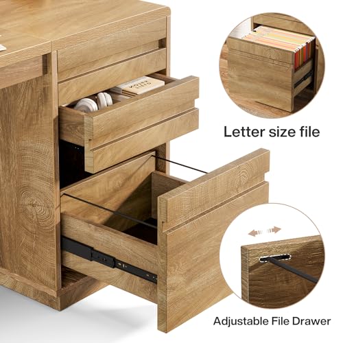 Tribesigns 55-Inch Computer Desk with 3 Drawers, Farmhouse Home Office Desk with Adjustable File Cabinet, Study Table Office Workstation, Walnut Brown