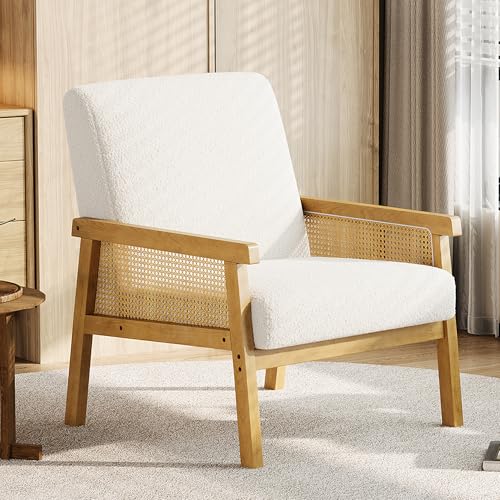 Garvee Boucle Accent Chair, Rattan Armchair with Wooden Frame, High Back, Upholstered Reading Chair Leisure Chairs for Living Room Bedroom Waiting Room Reception, White - color: Boucle, White