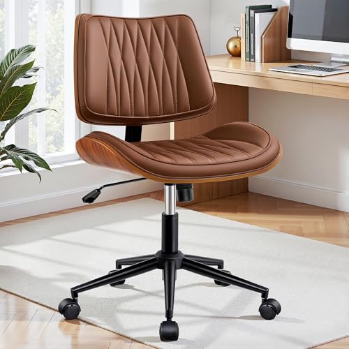 Ergonomic Armless Office Desk Chair - Mid-Century Modern Brown Faux Leather with Diamond Stitch, Adjustable Height Swivel Rolling Task Computer Chair with Walnut Accent for Home Office, Study & Work - color: Brown, size: 1 Pack