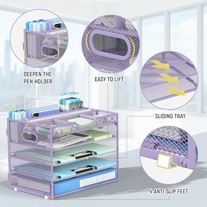 Docnest 5 Tier Mesh Desk Organizer with Removable Tray&Pen Holder, Purple - color: Purple, size: 12.6"x9.1"x10.3"