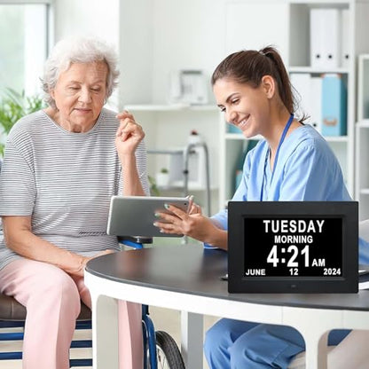 TMC 7 Inch Digital Clock with Day and Date for Elderly - 12 Alarm Options, Auto-Dim, Age Seniors,Elderly, Alzheimer - color: 7"-12 Alarm-black