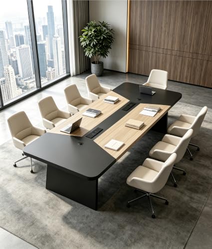 Ceridwen 8FT Conference Table, Rectangular Boardroom Table with Built-in Power & USB-C Ports, Heavy-Duty Meeting Table with Thick Tabletop & Trapezoid Legs for Office Conference Room - color: Natural Wood