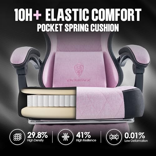Dowinx Gaming Chair Fabric with Pocket Spring Cushion, High Back Ergonomic Computer Chair with Footrest for Adults, Massage Lumbar Support Swivel Game Chair for Office Gaming 300LBS, Pink - color: Pink