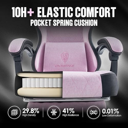 Dowinx Gaming Chair Fabric with Pocket Spring Cushion, High Back Ergonomic Computer Chair with Footrest for Adults, Massage Lumbar Support Swivel Game Chair for Office Gaming 300LBS, Pink - color: Pink