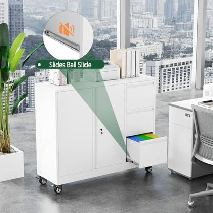 winiowa Mobile 3-Drawer File Cabinet with Wheel, Metal Lateral Rolling Printer Stand Filing Cabinets with Lock, Office Storage Cabinet for Office, Home, Garage, School, Gym-White - color: White