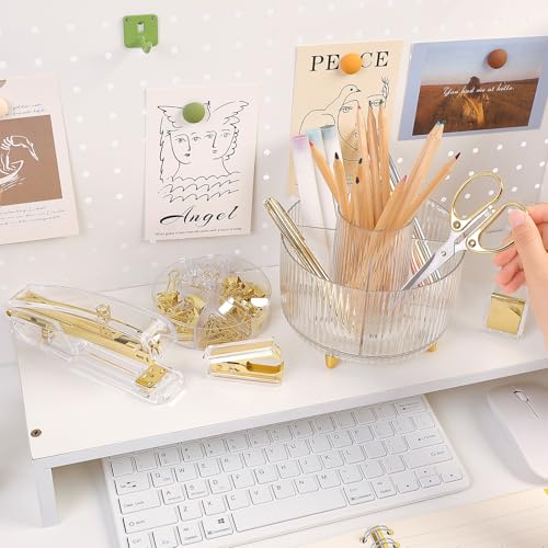 SKYDUE Gold Office Supplies Set with Pencil Holder for Desk | Gold Desk Accessories with Gel Pen, Stapler, Tape Dispenser, Scissors,Clips and 1000pcs Staples, Office Decor for Women - color: Gold