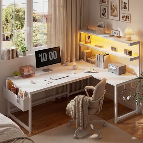 DurayLoly 53"White L Shaped Desk with LED Light & 5 Power Outlet for Gaming | 41 Vivid Lighting Modes LED of Gaming Desk; Built-In Charging Hub (3 AC+2 USB) Charges 5 Devices to Tidy Gaming Station,White - color: White, size: 53Inch
