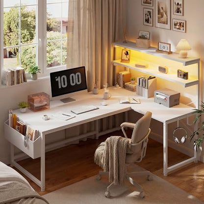 DurayLoly 53"White L Shaped Desk with LED Light & 5 Power Outlet for Gaming | 41 Vivid Lighting Modes LED of Gaming Desk; Built-In Charging Hub (3 AC+2 USB) Charges 5 Devices to Tidy Gaming Station,White - color: White, size: 53Inch