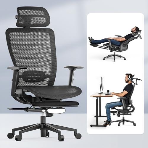 FLEXISPOT Ergonomic Office Chair with Footrest, Mesh High Back Computer Chair, Home Office Desk Chairs, with Adjustable Lumbar Support/2D Headrest/Reliable Base, Breathable Mesh Seat, Black, OC3 AIR-F