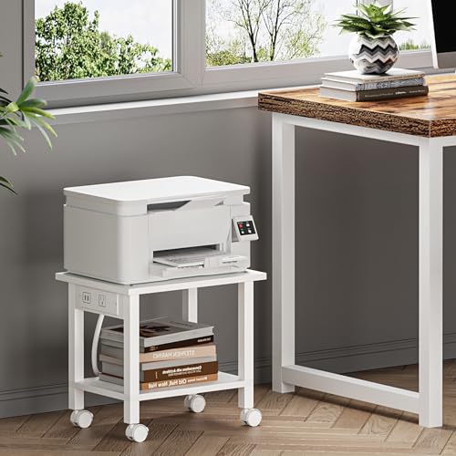 TUTOTAK Printer Stand, 2 Tier Rolling Printer Cart with Charging Station | Small Under Desk Printer Table with Wheels for Small Space, Office, Home, White PS01BW001 - color: White, size: 2 tier(15.7 x 11.8 x 15.4inchs)