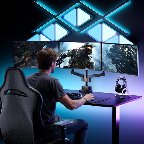 monTEK Triple Monitor Mount for 13"-27" Screens, Max 19.8 lbs Each Arm | Heavy Duty Aluminum Full Motion 3 Monitor Desk Stand, Height Adjustable Swivel Tilt Bracket, Clamp & Grommet Mounting