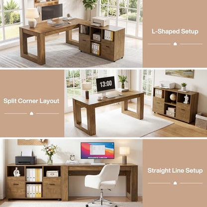 Tribesigns 63-Inch Computer Desk with Rolling File Cabinet, Wood Executive L Shaped Desk, Farmhouse 2 Piece Home Office Set with Drawers for Hanging File and Storage Shelves for Work, Sturdy, Gaming
