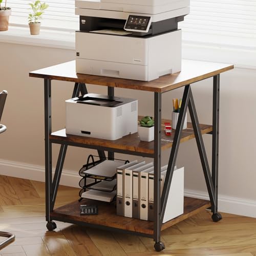 Arbuxzuy 3-Tier Printer Stand, Large Printer Table with Storage, Industrial Printer Storage Cart with Wheels, Rolling Printer Stand for Heat Press Scanner Fax, Brown - color: Brown