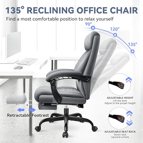 Office Chair, Big and Tall Office Desk Chair, Reclining Office Chair with Footrest Home Office Desk Chairs, High Back Ergonomic with Lumbar Support, Executive Leather - color: Grey, style: With Footrest