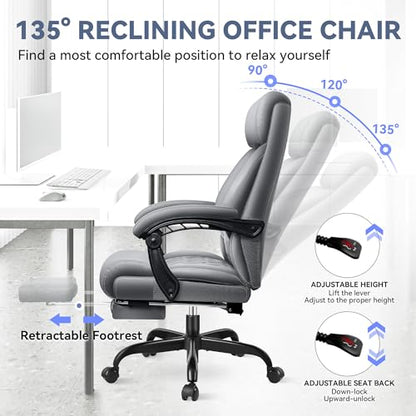 Office Chair, Big and Tall Office Desk Chair, Reclining Office Chair with Footrest Home Office Desk Chairs, High Back Ergonomic with Lumbar Support, Executive Leather - color: Grey, style: With Footrest