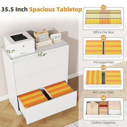 3 Drawer Metal Lateral File Cabinet with Lock for Home Office | 35.5 Inch Ultra Spacious Tabletop,330 LBS Max Weight Capacity,Fits Letter/Legal/F4/A4 Size,Fast Easy Assemble,White - color: White, size: 15.7"D x 35.4"W x 40"H（3 Drawers）