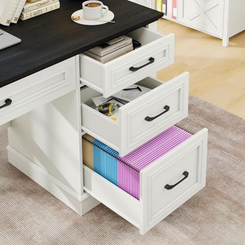 Vabches Farmhouse 47" Executive Desk with Charging Station, Black. | Computer Desk with Drawers, Workstation Computer Desk with File Drawer for Home Office,Study. - color: Black
