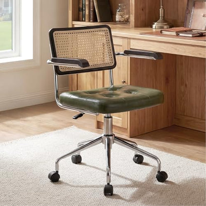 Zesthouse Leather Office Desk Chair with Wheels, Mid Century Rolling Desk Chair with Wood Arm & Natural Rattan Back, Modern Swivel Home Office Chair, Small Height Adjustable Computer Task Chair, Green - color: Green, size: Armrest