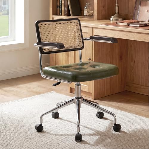 Zesthouse Leather Office Desk Chair with Wheels, Mid Century Rolling Desk Chair with Wood Arm & Natural Rattan Back, Modern Swivel Home Office Chair, Small Height Adjustable Computer Task Chair, Green - color: Green, size: Armrest
