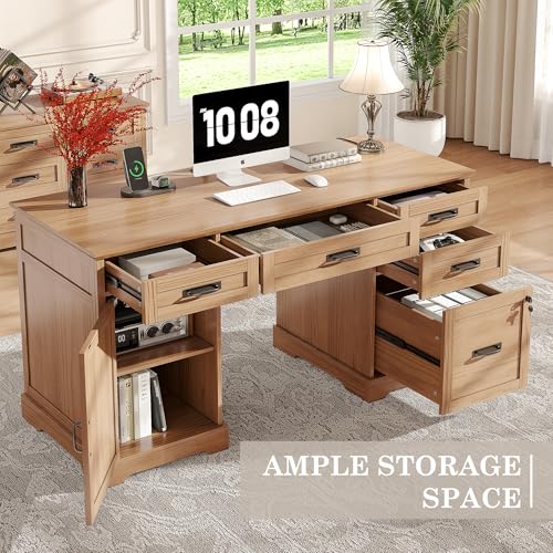 Alohappy 55'' Farmhouse Executive Desk, Home Office Desk with Drawers, Wood Computert Desk with File Cabinet and Power Outlets, Walnut - color: Walnut, size: 55''