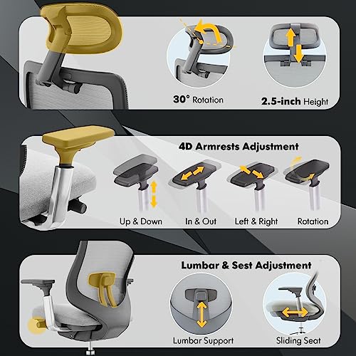 COLAMY Ergonomic Mesh Office Chair, High Back Executive Desk Chair with Adjustable Headrest, 4D Arm, Slide Seat, Tilt Lock, Lumbar Support, Light Grey