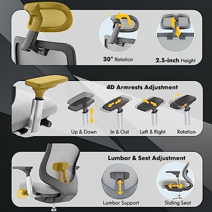 COLAMY Ergonomic Mesh Office Chair, High Back Executive Desk Chair with Adjustable Headrest, 4D Arm, Slide Seat, Tilt Lock, Lumbar Support, Light Grey