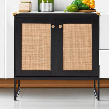 Best Choice Products 2-Door Rattan Storage Cabinet, Accent Furniture, Multifunctional Cupboard for Living Room, Hallway, Kitchen, Sideboard, Buffet Table w/Non-Scratch Foot Pads - Black - color: Rattan, Black