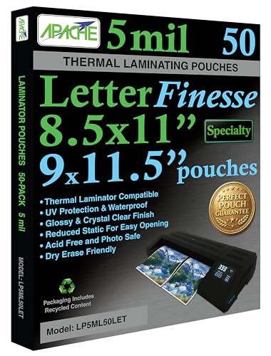Apache Letter Size Finesse Laminating Pouches, 5 Mil, 50 Pack, Satin Soft Touch Matte-Like Finish, Holds 8.5x11 Inch Projects (9x11.5" Pouch Size), Thermal Laminator Laminating Sheets, Specialty Line - size: LETTER FINESSE 5mil 50 Pack Specialty