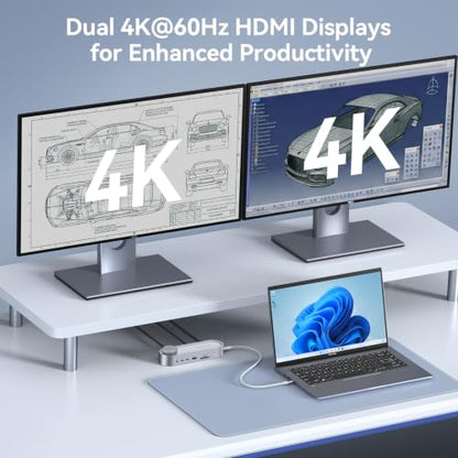 TobenONE USB C Laptop Docking Station Dual Monitor, 100W PD, 5×USB 10Gbps | 15-in-1 Dual HDMI 4K@60Hz, Volume Knob, 100W Charger, Ethernet Audio SD/TF for Dell/Lenovo/HP/Windows(No Power Adapter)